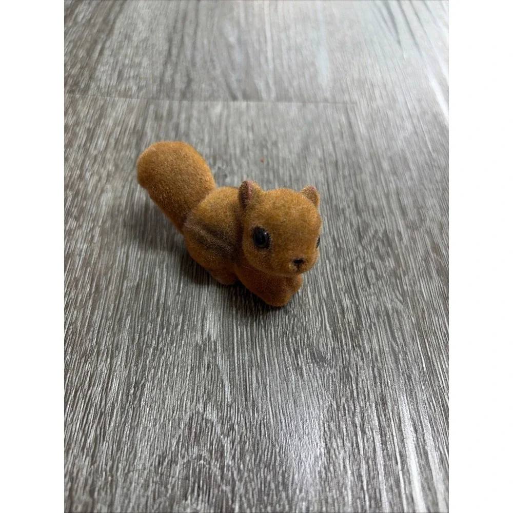 Vintage Flocked Animal Figurine Lot Cat Chipmunk Deer Miniature Fuzzy Toys 4pc